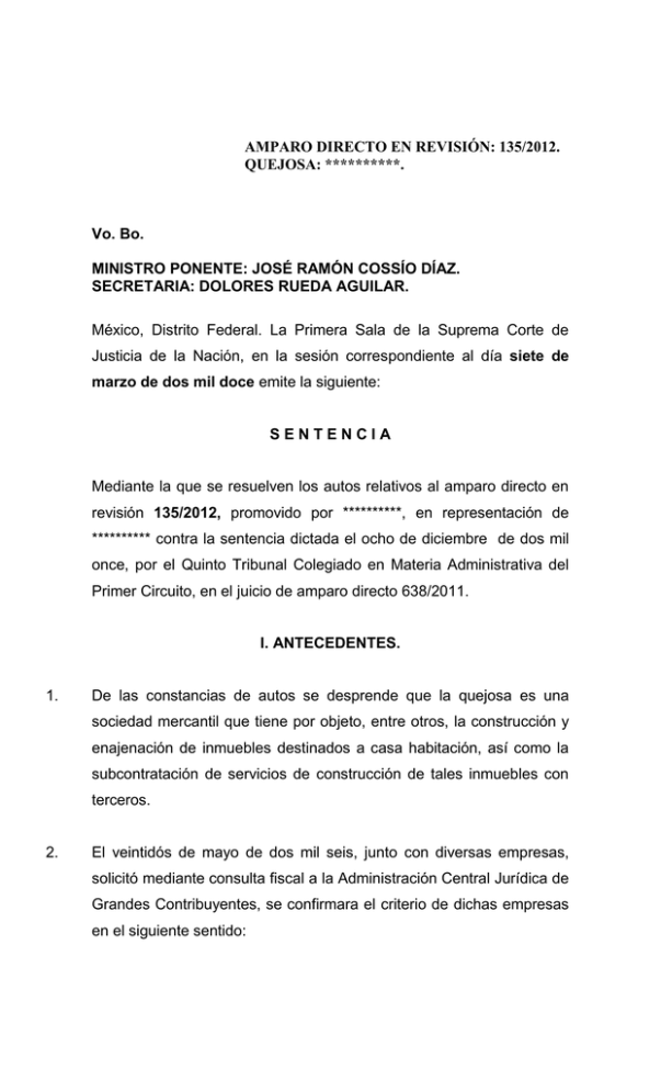 AMPARO DIRECTO EN REVISIÓN 135/2012. AMPARO DIRECTO