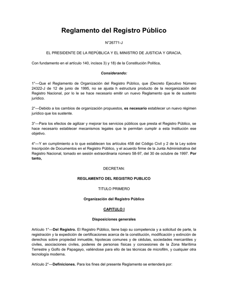 Reglamento Del Registro Público Decreto N° 26771-J