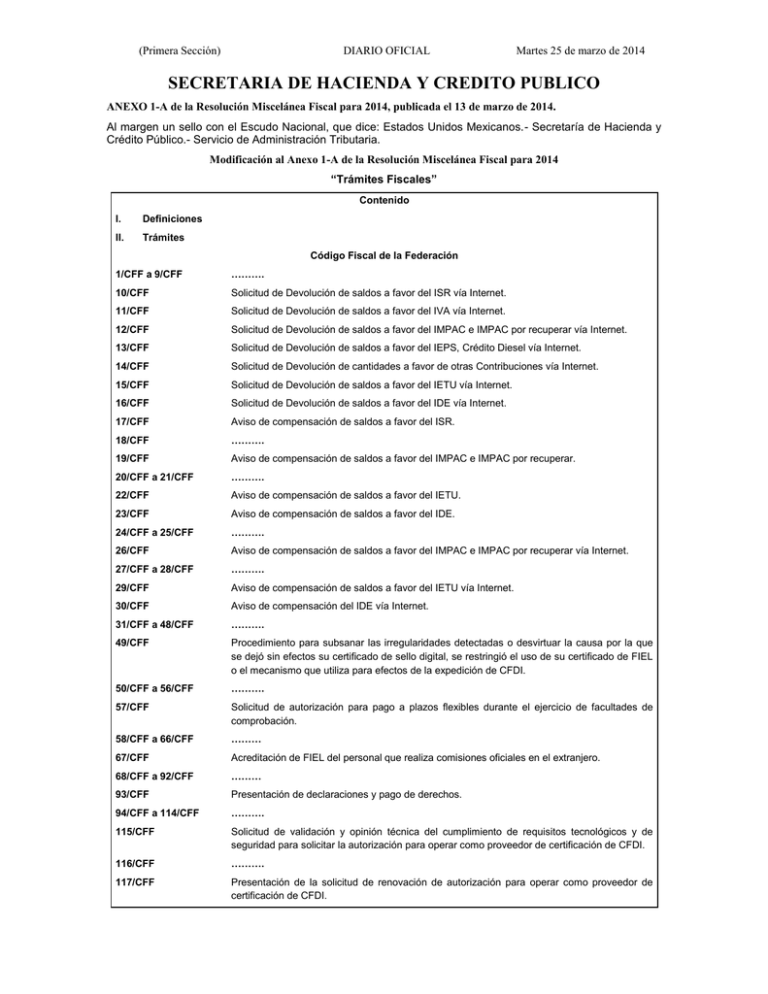 Anexo 1-A Resolución Miscelánea Fiscal 2014