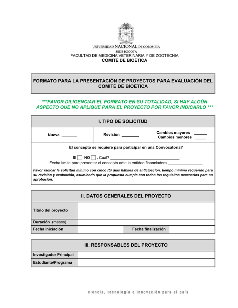 Formato para la presentación de proyectos diligenciado y firmado