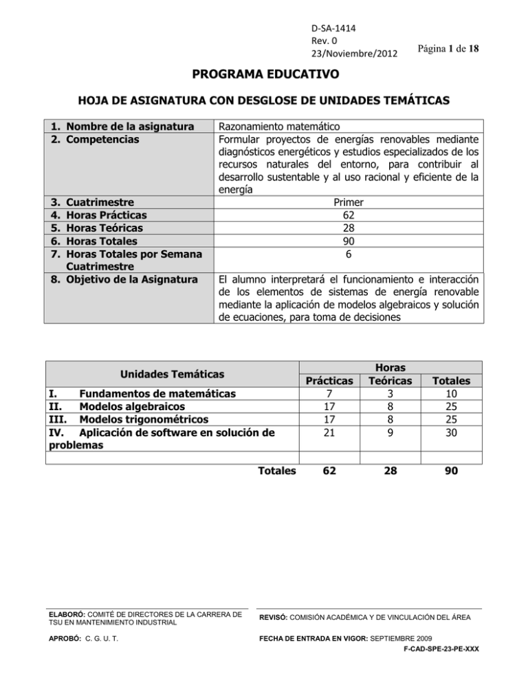 PROGRAMA EDUCATIVO HOJA DE ASIGNATURA CON DESGLOSE DE UNIDADES TEM TICAS