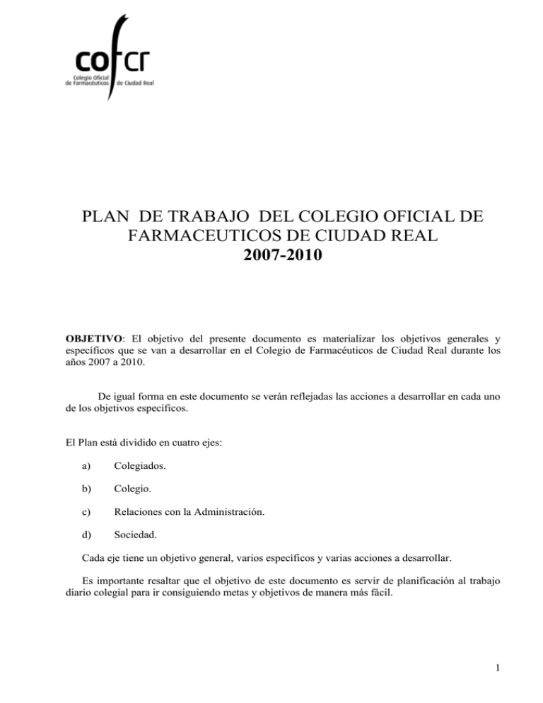 Plan De Trabajo Del Colegio Oficial De Farmaceuticos De Ciudad Real