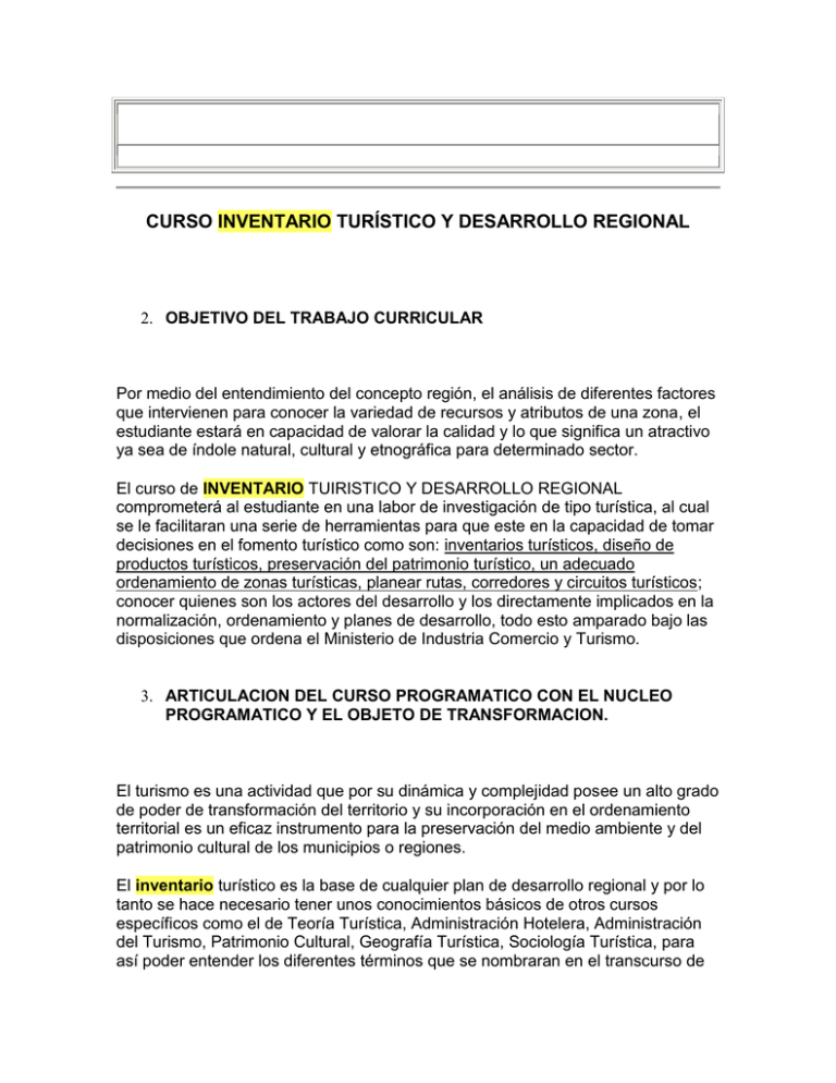 CURSO INVENTARIO TUR STICO Y DESARROLLO REGIONAL