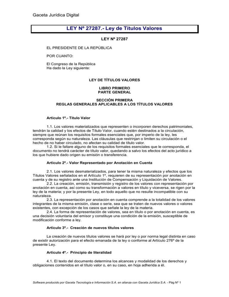 LEY DE TITULOS Y VALORES Nº27287