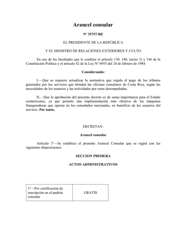 Arancel consular - Costa Rica