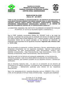 Ministerio de Protección Social Instituto Colombiano de Bienestar Familiar CENTOR ZONAL SABANAGRANDE