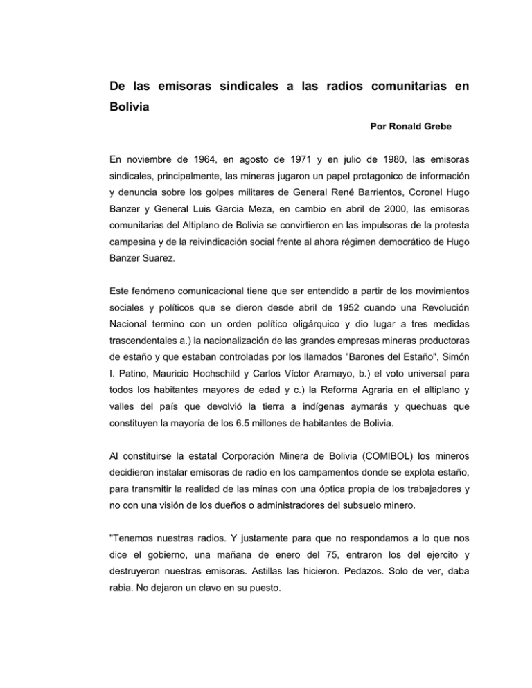De las emisoras sindicales a las radios comunitarias en Bolivia