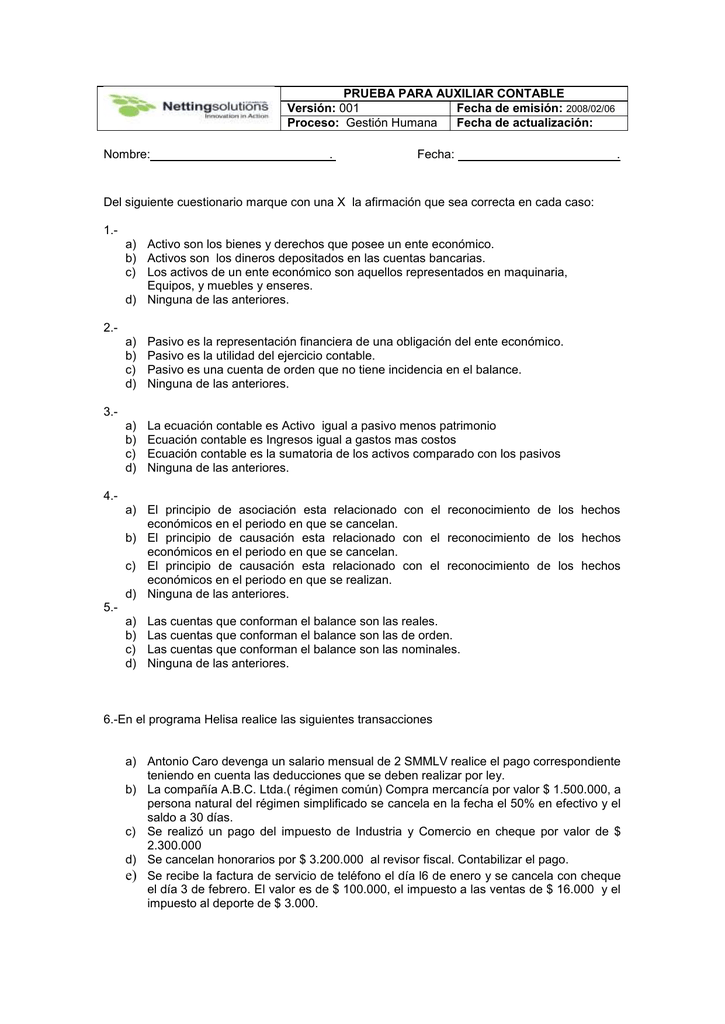 Ejemplo De Examen De Contabilidad Basica Coleccion De Ejemplo