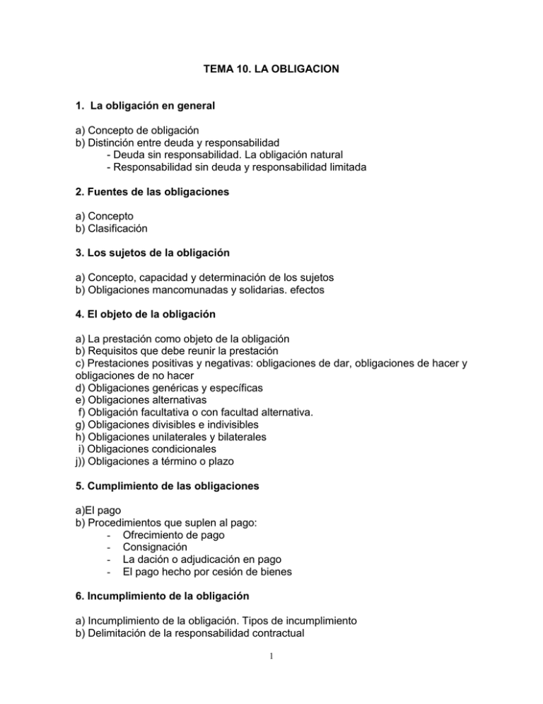 TEMA 10. LA OBLIGACION 1. La Obligación En General