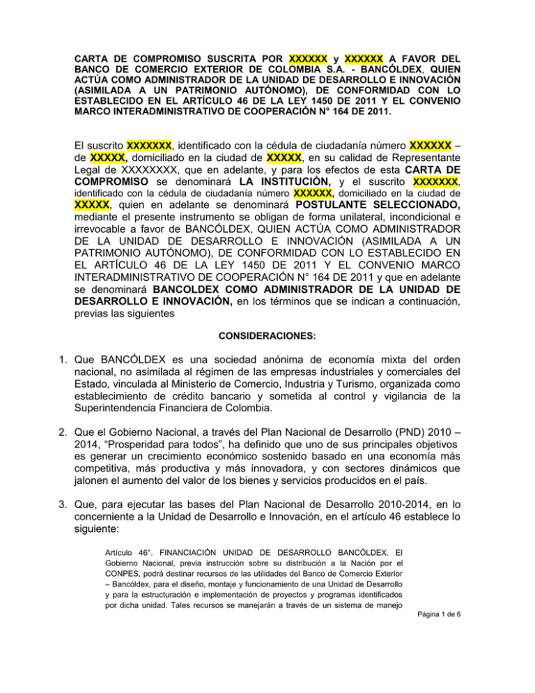 CARTA DE COMPROMISO SUSCRITA POR XXXXXX y XXXXXX A CARTA DE COMPROMISO SUSCRITA POR XXXXXX y XXXXXX A