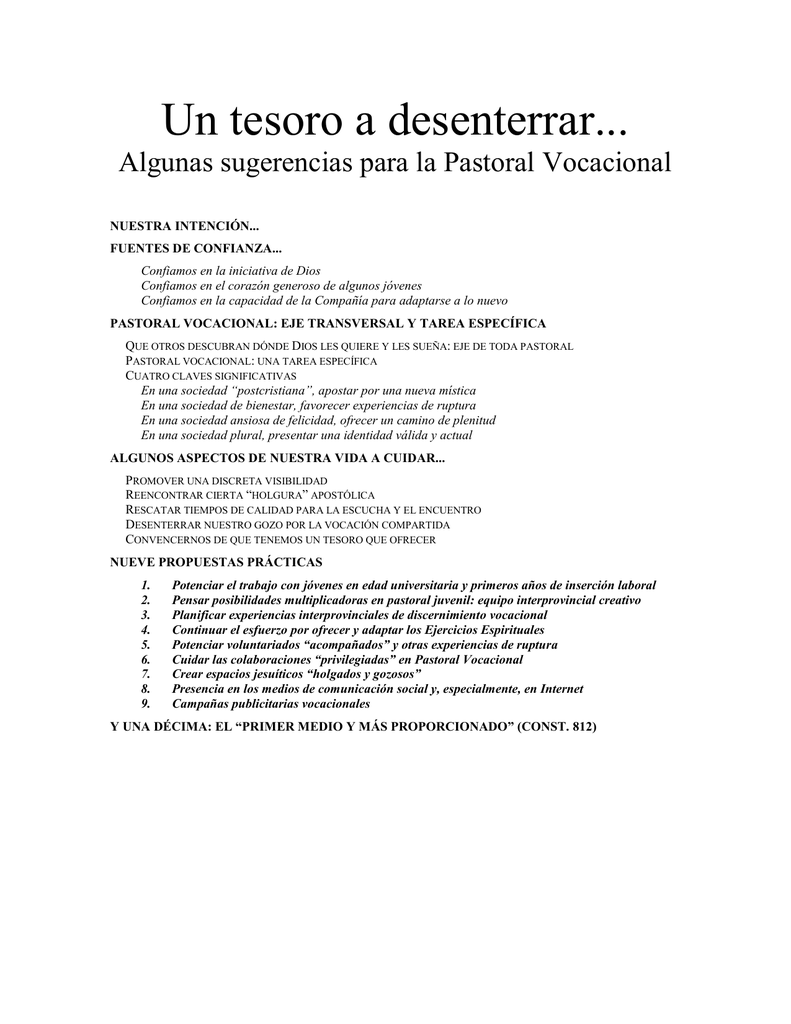 Un Tesoro A Desenterrar... Algunas Sugerencias Para La Pastoral Vocacional