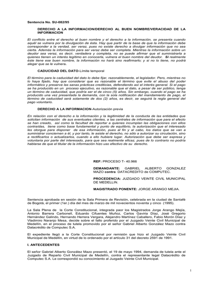 Sentencia SU-082 de 1995