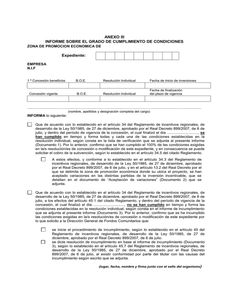 Informe De Cumplimiento De Condiciones