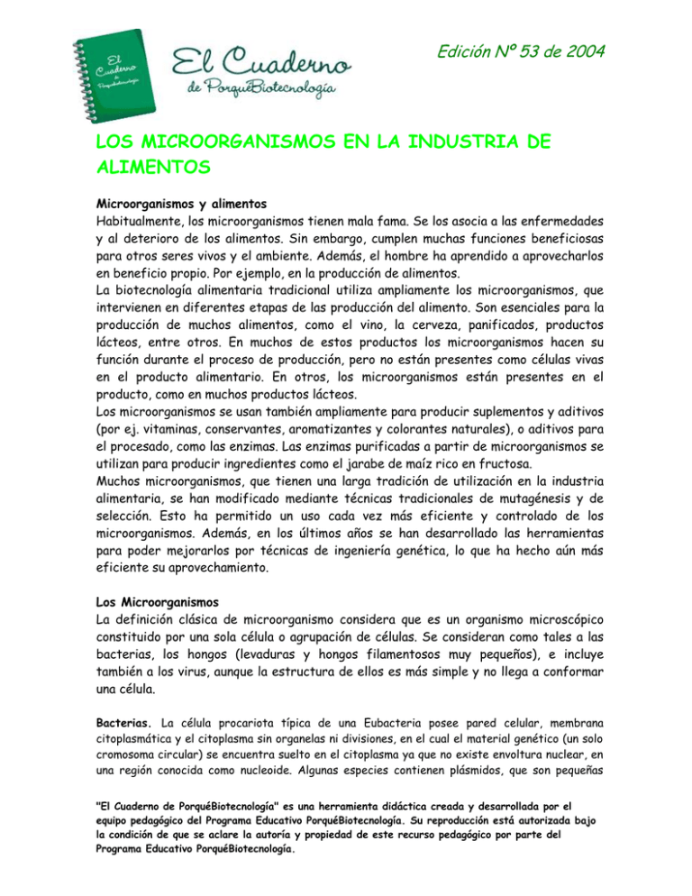 LOS MICROORGANISMOS EN LA INDUSTRIA DE ALIMENTOS Edición Nº 53 de 2004