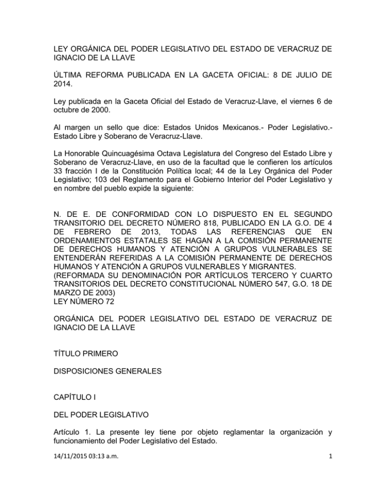 Ley Organica Del Poder Legislativo Del Estado De Veracruz