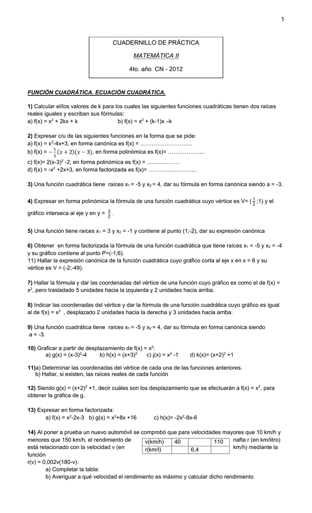 1 Funcion Cuadratica Ecuacion Cuadratica 1 Calcular