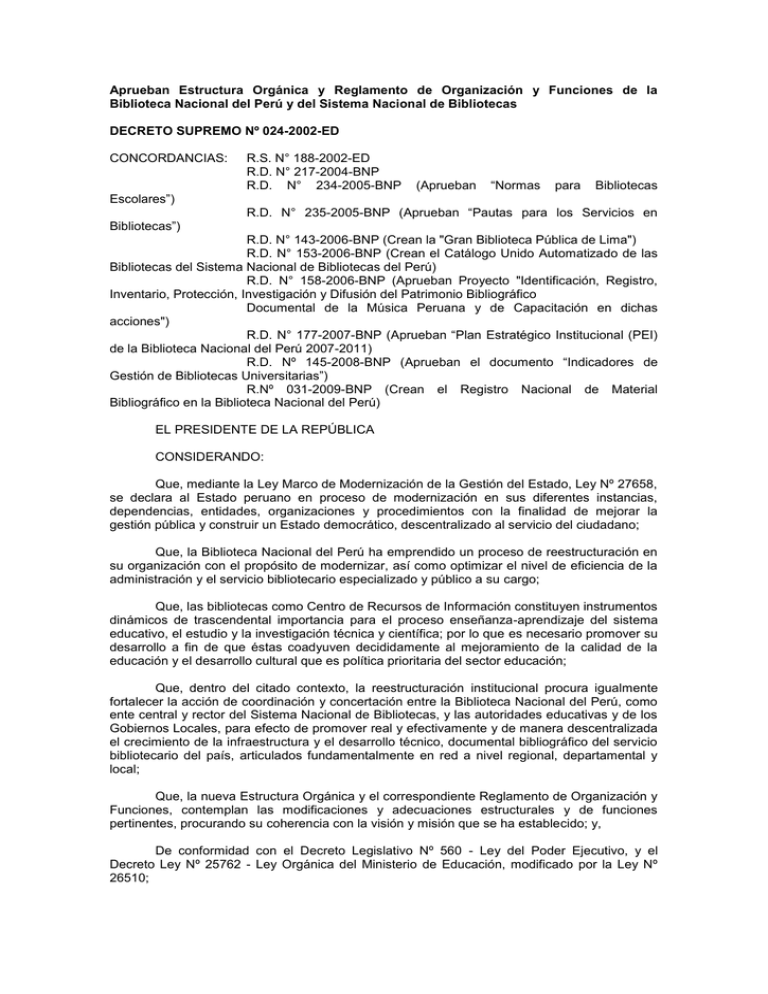 Aprueban Estructura Orgánica Y Reglamento De Organización Y