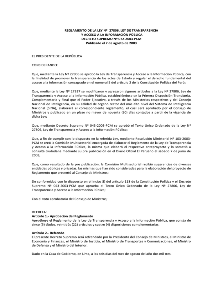 DECRETO SUPREMO Nº 072-2003-PCM