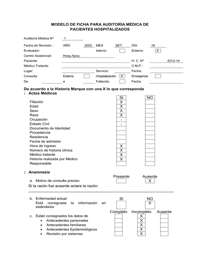 MODELO DE FICHA PARA AUDITORÍA MÉDICA DE