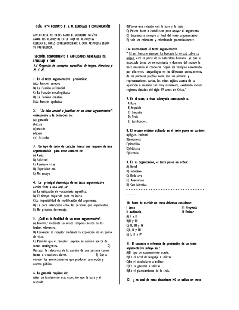 GUÍA N°4 FORMATO P. S. U. LENGUAJE Y COMUNICACIÓN