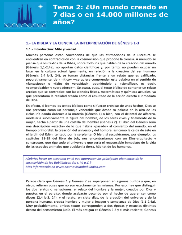 1.- LA BIBLIA Y LA CIENCIA. LA INTERPRETACIÓN DE GÉNESIS 1