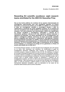 Rewarding  EU  scientific  excellence:  eight ... teams shortlisted for the 2003 EU Descartes Prize