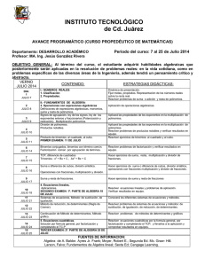 INSTITUTO TECNOLÓGICO  de Cd. Juárez AVANCE PROGRAMÁTICO (CURSO PROPEDÉUTICO DE MATEMÁTICAS)