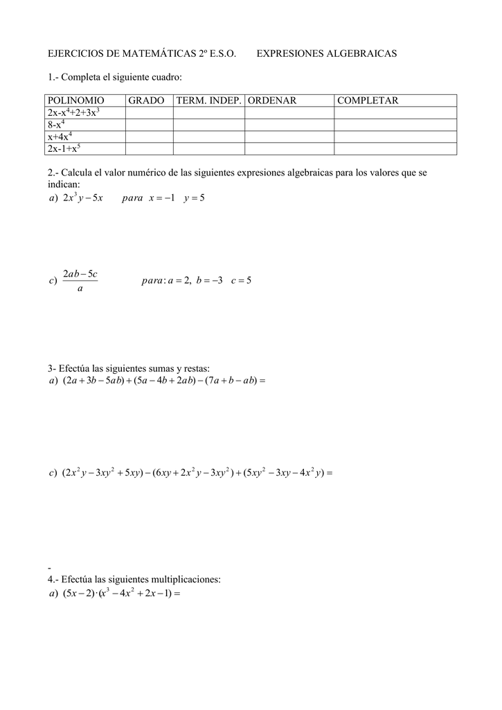 Ejercicios De Matematicas 2º E S O Expresiones Algebraicas 1