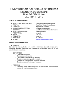 UNIVERSIDAD SALESIANA DE BOLIVIA INGENIERIA DE SISTEMAS PLAN DE DISCIPLINA – 2015