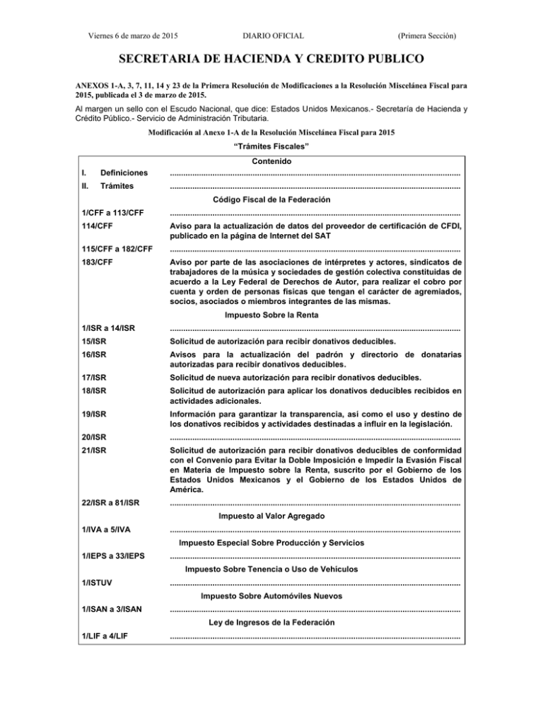 Anexos de la Primera Resolución de Modificaciones a la RMF
