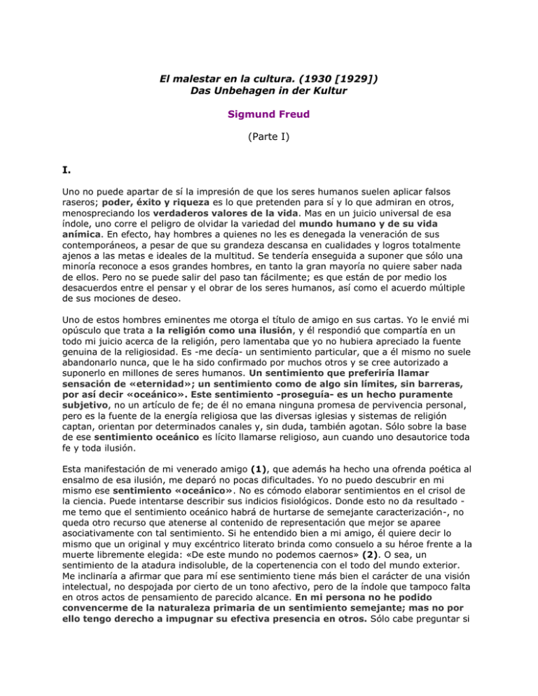 El malestar en la cultura. (1930