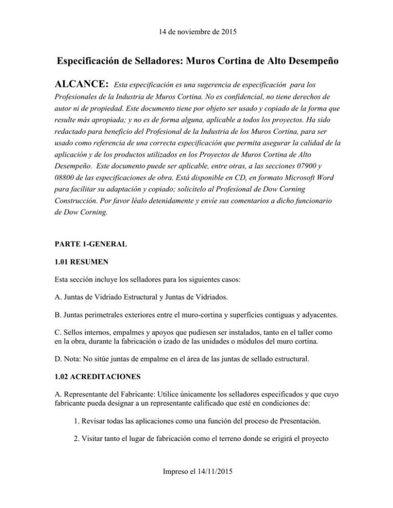 Sealant Specification High Performance Curtainwall