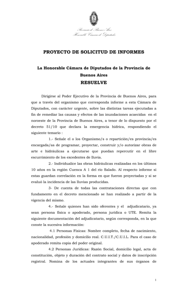 Provincia De Buenos Aires Honorable Cámara De Diputados RESUELVE