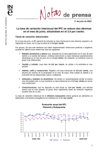 La tasa de variación interanual del IPC se reduce dos... en el mes de junio, situándose en el 3,4 por...