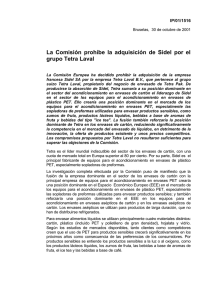 La  Comisión  prohíbe  la  adquisición ... grupo Tetra Laval IP/01/1516