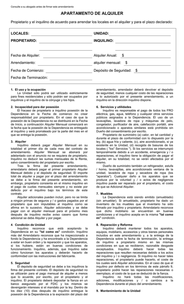 Apartment Lease Agreement Spanish