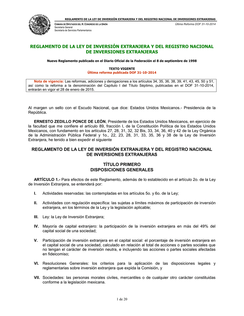 reglamento de la ley de inversión extranjera y del