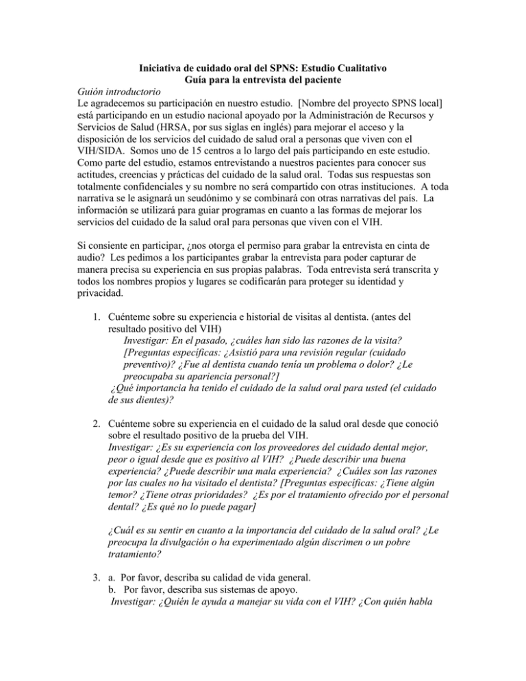 SPNS Oral Health Care Initiative Qualitative Research Study