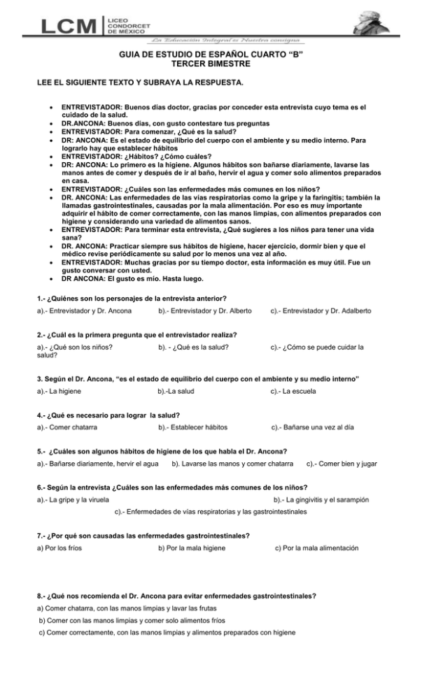 GUIA DE ESTUDIO DE ESPAÑOL CUARTO “B” TERCER