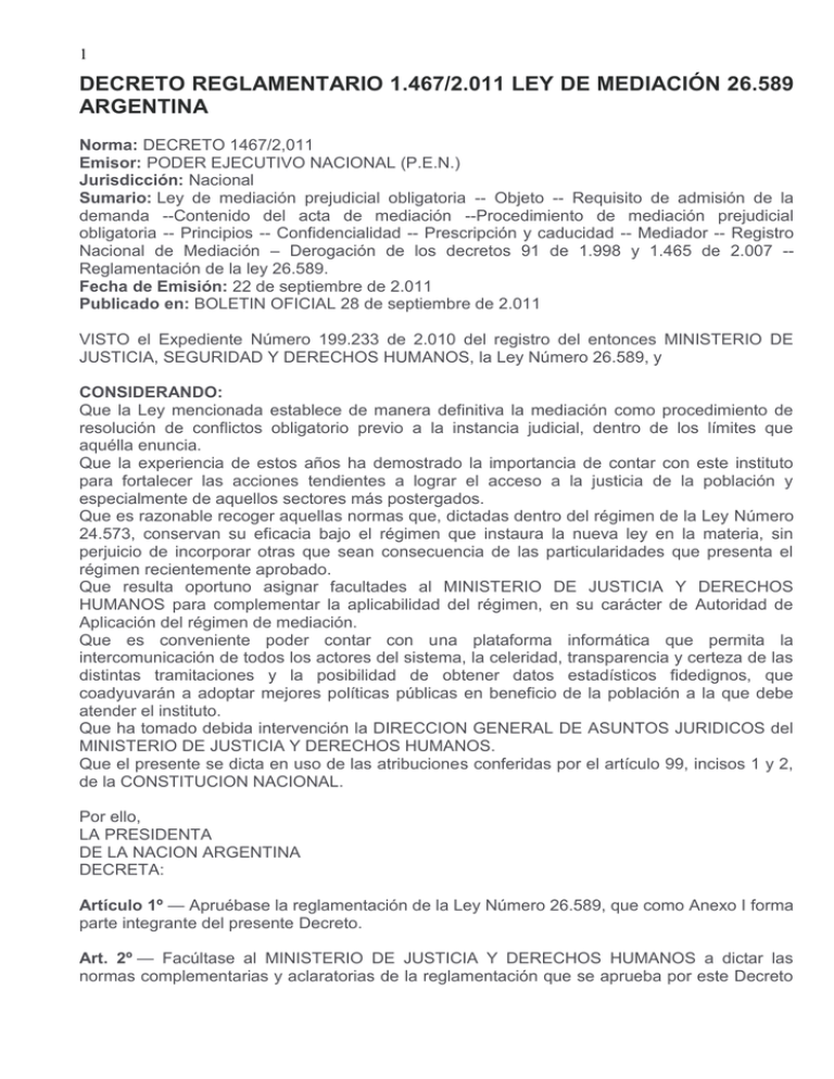 DECRETO REGLAMENTARIO 1467/2011 LEY DE