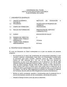 UNIVERSIDAD DEL TOLIMA INSTITUTO DE EDUCACION A DISTANCIA PLAN INTEGRAL DE CURSO