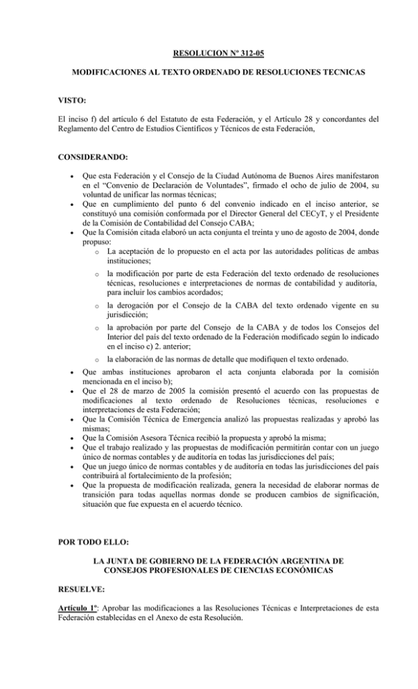 RESOLUCION Nº 312-05 - Consejo Profesional De Ciencias