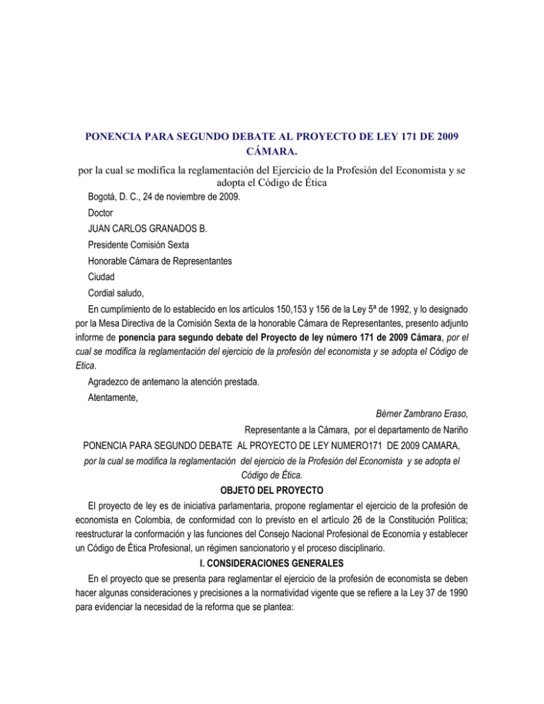 Ponencia Para Segundo Debate Al Proyecto De Ley 171