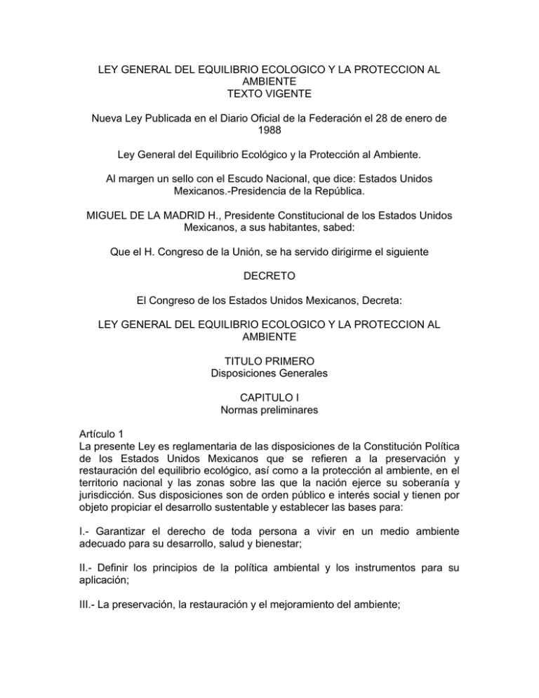 LEY GENERAL DEL EQUILIBRIO ECOLOGICO Y LA PROTECCION AL AMBIENTE TEXTO ...