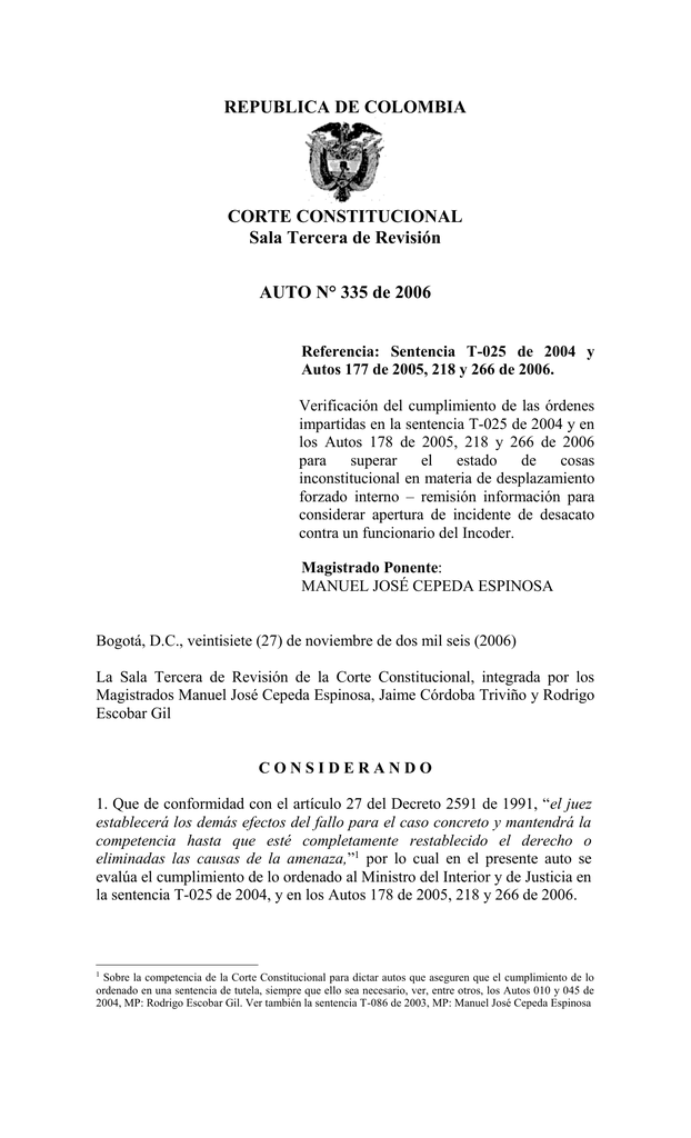 Sentencia T-025 de 2005 y Autos 177 de 205