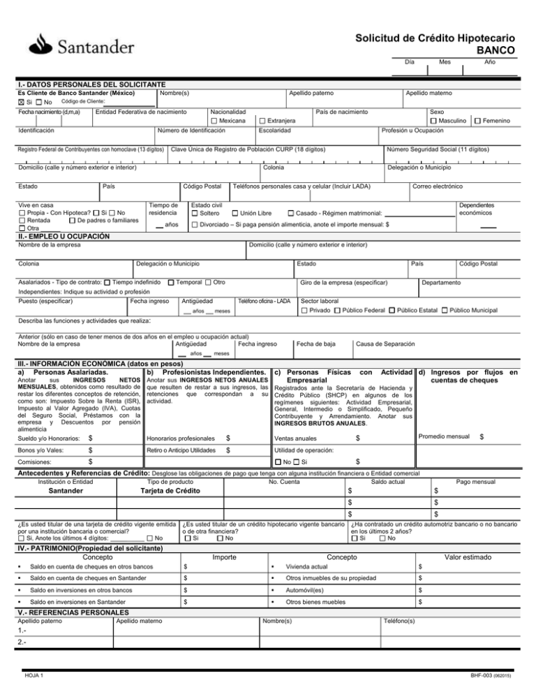 Planilla De Solicitud De Credito Hipotecario Del Banc 4544