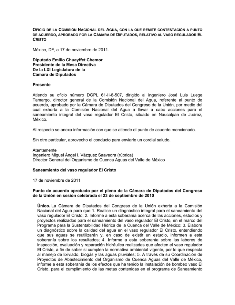 Oficio de la Comisión Nacional del Agua, con la que remite