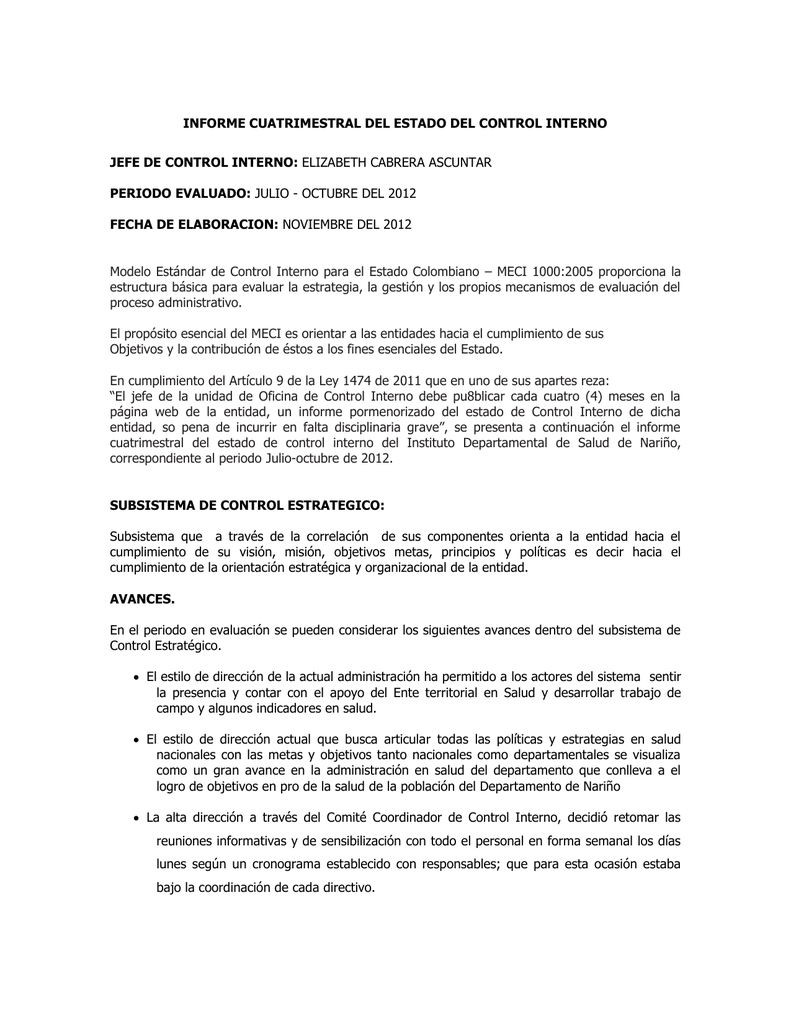 INFORME CUATRIMESTRAL DEL ESTADO DEL CONTROL INTERNO JEFE DE CONTROL ...