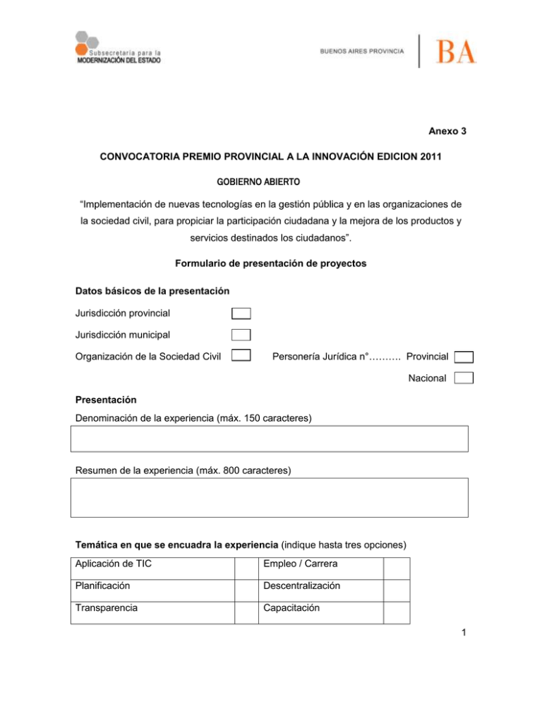 Anexo 3 - Formulario De Presentación De Proyectos