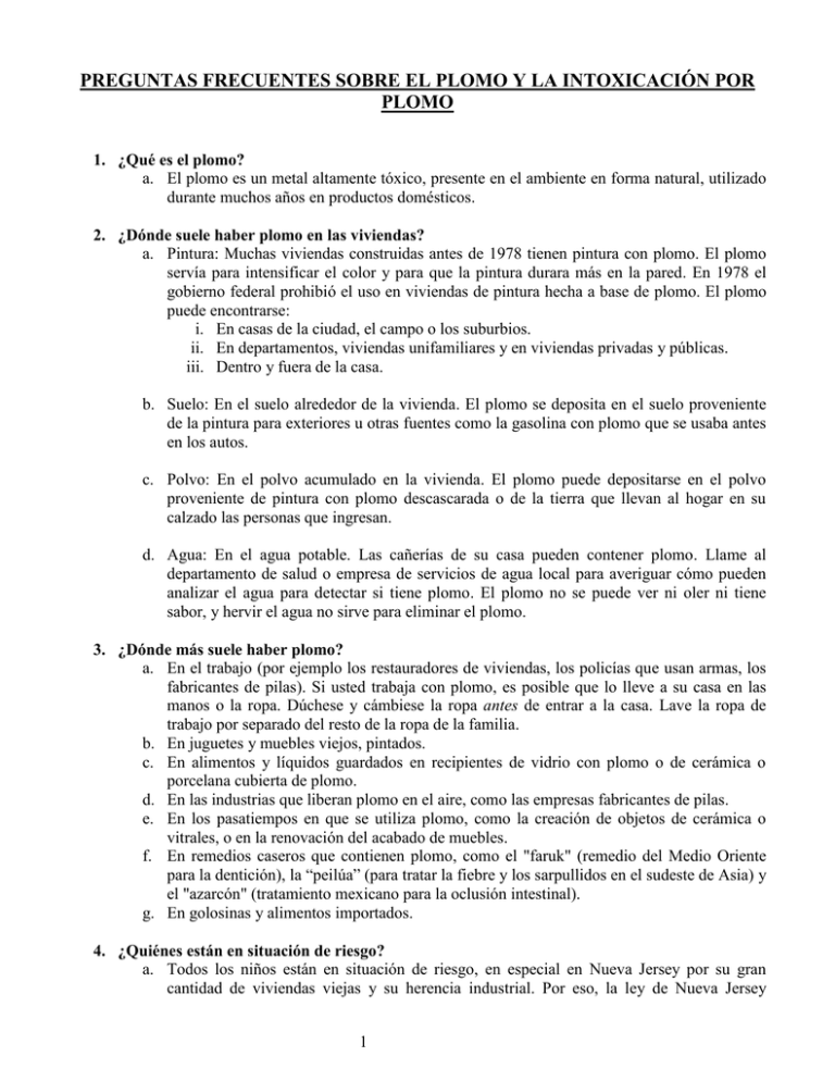 LEAD AND LEAD POISONING FREQUENTLY ASKED QUESTIONS